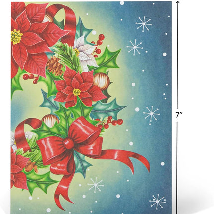 Christmas Wreath Pop Up Card, Merry Christmas, Poinsettia, Flowers, Bow, Bell, Elegant 3D Greeting Card, Ideal for Mom, Sister, Grandma, Women, Wife, Girlfriend, 5x7
