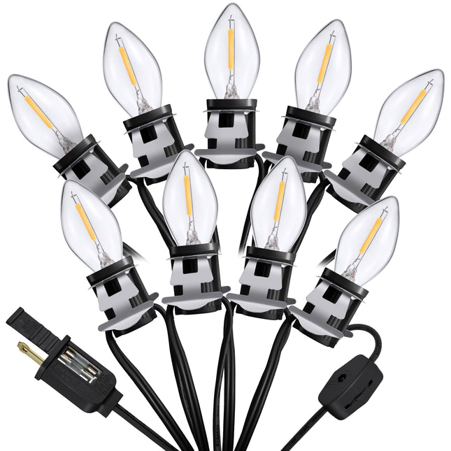 Meonum Accessory Cord with 9 LED Light Bulb, 16.4Ft C7 Christmas Village Lights Cord with Clip, Blow Mold Lights for Halloween Christmas Village Houses, Pumpkin Skeleton Holiday Decoration (Black)