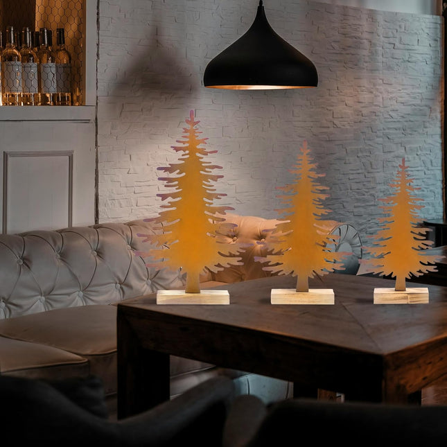 3 Pcs Metal Christmas Tree Tabletop Decor, Rustic Steel Pine Trees Table Centerpieces, Christmas Tree Art Holiday Fall Decoration, with Wood Base for Xmas Fall Winter Holiday (Yellow)