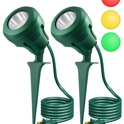 EDISHINE Christmas LED Outdoor Spotlights, 120V 4.8W Plug in Spot Light with 3 Lenses (Red Green Yellow), 180° Rotatable, 5000K, Waterproof Landscape Lighting for Flag Tree Garden, 2 Pack