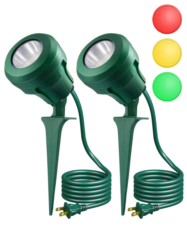 EDISHINE Christmas LED Outdoor Spotlights, 120V 4.8W Plug in Spot Light with 3 Lenses (Red Green Yellow), 180° Rotatable, 5000K, Waterproof Landscape Lighting for Flag Tree Garden, 2 Pack