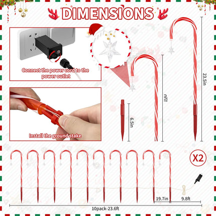 AOSEA 20 Pack Christmas Candy Cane Lights, d 160 Red LEDs Christmas Decorations Outdoor&Indoor, Christmas Light Waterproof with 8 Lighting Modes for Pathway, Yard, Walkway, Lawn, Garden Decor