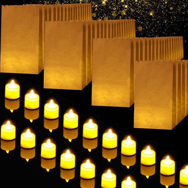 Tarpop 50 Pcs Luminary Bags and 50 Pcs Flameless Candles Christmas Luminaries Candle Bag with LED Flameless Tealights Candles for Wedding, Party, Christmas, Outdoor Decorations