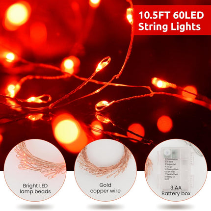 Fairy Lights Battery Operated 10FT Red Fairy String Lights 60 Led Fairy Lights Waterproof Mini String Lights Small Twinkle Lights Fairy Lights for Bedroom,Xmas Wreath,Wedding,Halloween,Christmas
