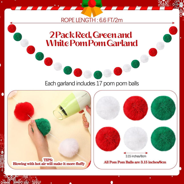 2 Pack Christmas Pom Poms Garland Colorful Soft Faux Rabbit Fur Pompoms Ball Garland 6.6 Feet Long Garland for Christmas Holiday Party Wedding Birthday Decor(Christmas,3.15 Inch)