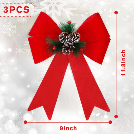 JOHOUSE 3PCS Christmas Bows, 12Inch Red Velvet Bows Large Decorative Christmas Bowknot with Pine Cone Red Berries for Xmas Tree Wreath Home Ornament Decoration
