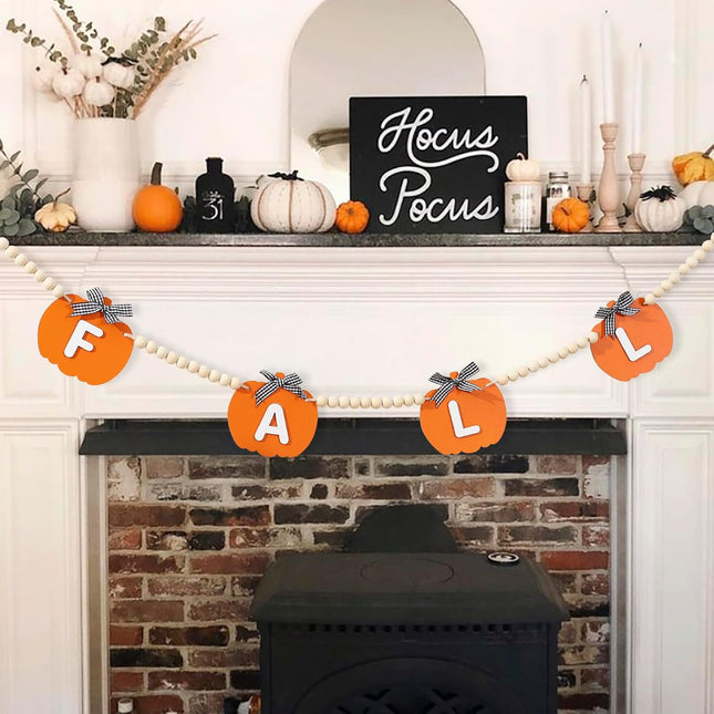 Fall Decor-Wooden Pumpkin Garland Fall Decorations for Home-Thanksgiving Farmhouse Pumpkins Wood Bead Garland Banner for Fireplace Mantel Walls