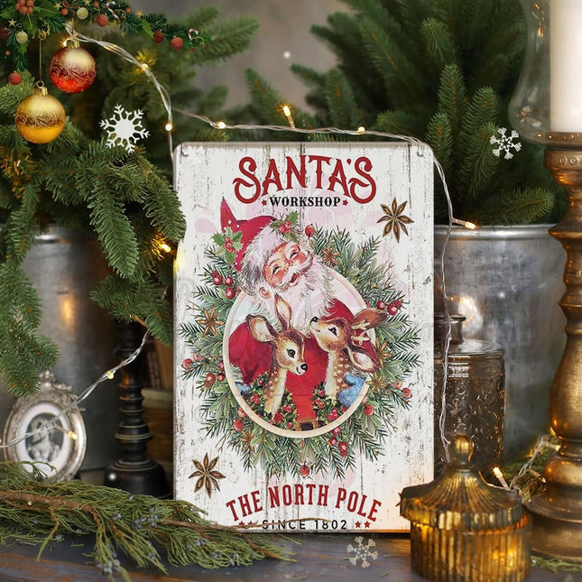 Christmas Decorations Santa's Workshop Sign Retro Santa Sign Retro Christmas Wreath Funny Christmas 8x12 Inch Metal Tin Sign Christmas Wall Art for Home Coffee Shop Retro Wall Decor Reindeer Poster