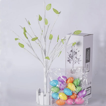 24" Pre-lit Lighted Easter Egg Tree with 18 Hanging Easter Egg Ornaments 28 LED Light Indoor Battery Operated Timer Function Table Decor for Home Party Holiday Spring Decoration Easter Party