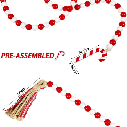 Chuangdi Christmas Wooden Bead Garland Wreath with Tassels 39 INES Decorated with Candy Canes Wood Bead Garland for Christmas Tree Tiered Tray Decor Home Farmhouse Wall Hanging Ornaments(Red White)