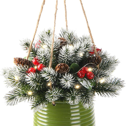Artificial Christmas Hanging Basket,17 Inch Hanging Small Christmas Tree,Snow Flocked Christmas Tree with Pine Cones and Berry Clusters for Front Porch Garden Patio Outdoor Christmas Decoration