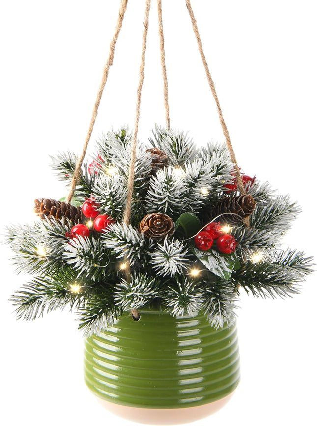 Artificial Christmas Hanging Basket,17 Inch Hanging Small Christmas Tree,Snow Flocked Christmas Tree with Pine Cones and Berry Clusters for Front Porch Garden Patio Outdoor Christmas Decoration