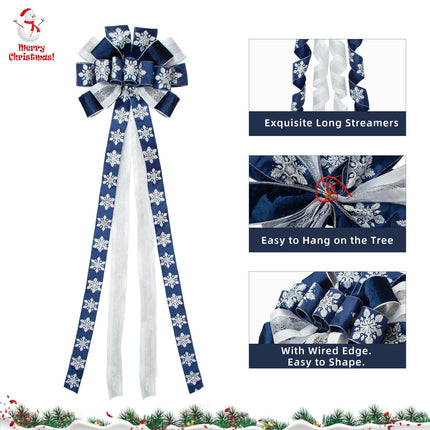 Glitter Christmas Tree Topper Bow with 53 Inch Blue Streamers Velvet Wired Ribbon,Large Christmas Bows with Snowflake Patterned for Wedding, Christmas,Party Decoration