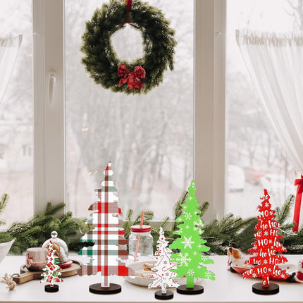 BBTO 5 Pcs Christmas Decorations Wooden Christmas Tree Table Decor Rustic Decorative standing Christmas Tree Centerpiece Xmas Winter Tiered Tray Decor for Home Shelf