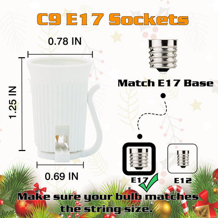 100FT C9 Light String Christmas Stringer, E17 Light Sockets 12" Spacing, C9 Stringer Set White Outdoor String Light Strand for Wedding Patio Event Lighting Decor, White Wire