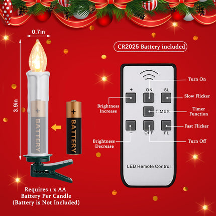 Retisee 40 Pcs Christmas LED Window Candles with Remote Control and Tree Clips Christmas Candles Light Flickering Battery Operated Candlesticks Flameless Candles for Christmas Indoor Outdoor (White)