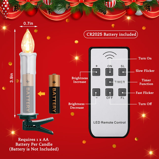 Retisee 40 Pcs Christmas LED Window Candles with Remote Control and Tree Clips Christmas Candles Light Flickering Battery Operated Candlesticks Flameless Candles for Christmas Indoor Outdoor (White)