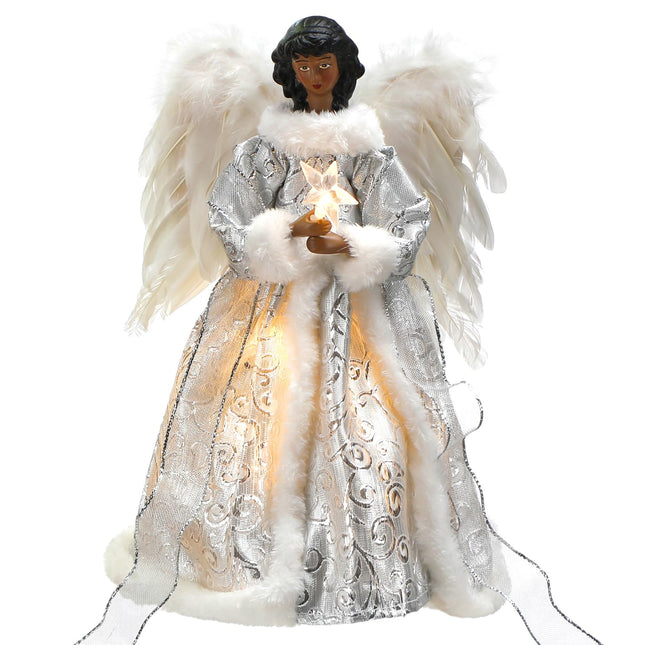 12 Inch Black Angel Christmas Tree Topper Standing African American Black Angel Figurines Treetop for Decoration(White, Cute Style)