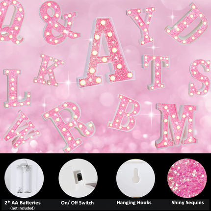 Pink Light Up Letters, Glitter Alphabet Letter Sign Pink LED Marquee Letter Lights Battery Powered for Night Light Girls Bedroom Birthday Party Wedding Home Christmas Decorations for Her-Pink B