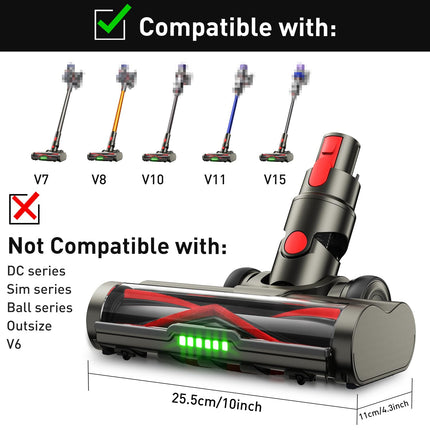Vacuum Head Attachment For Dyson V8 V7 V10 V11 V15, Hardwood Floor Attachment For Dyson, With Green Led Headlights, V Shape Turbo Bristle Roller Brush Cleaner Head Parts