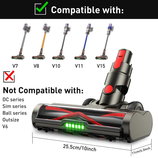 Vacuum Head Attachment For Dyson V8 V7 V10 V11 V15, Hardwood Floor Attachment For Dyson, With Green Led Headlights, V Shape Turbo Bristle Roller Brush Cleaner Head Parts