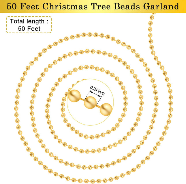 50 Feet Christmas Tree Beads Garland Artificial Pearl Strings for Decorating Plastic Beads Chain Roll for Xmas Home Fireplace Holiday Wedding DIY Decoration(Gold)