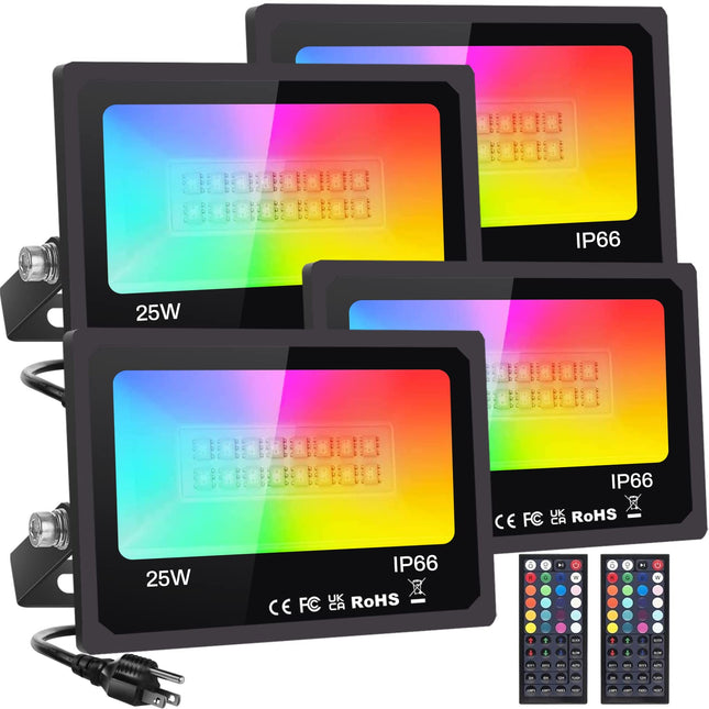 d LED Flood Light Outdoor 25W 4 Pack, DIY Color Changing Halloween Patio Floodlights with Remote, IP66 Waterproof RGB Spot Light Timing Uplights for Events Party Stage Light