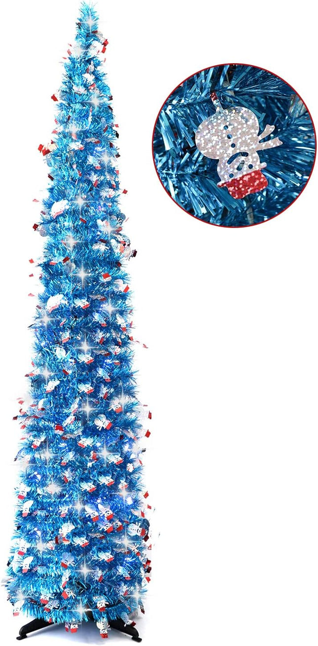 5ft Blue Snowman Christmas Tree, Collapsible Tinsel Artificial Pencil Small Christmas Tree with Lights Decorations for Home Apartment Party Indoor Outdoor Christmas Decorations