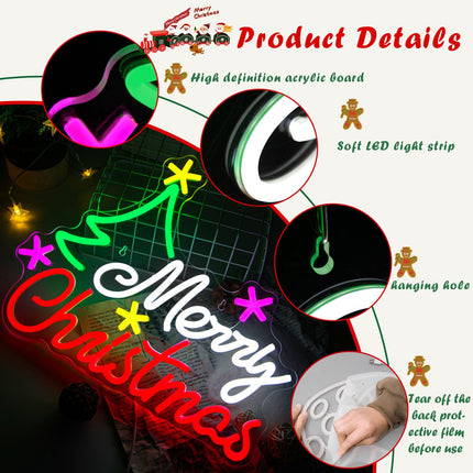 Merry Christmas Neon Sign Dimmable Christmas Tree Neon Signs Vibrant LED Christmas Neon Light up Sign for Wall Decor Window Man Cave Bedroom Wedding Bar Party Year, USB Powered