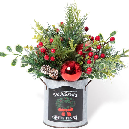 Artificial Christmas Tabletop Decorations - 14.2 Inch Small Christmas Centerpiece Potted Tree Artificial Plants with Sturdy Stand and Pine Cones and Red Berries Decoraction