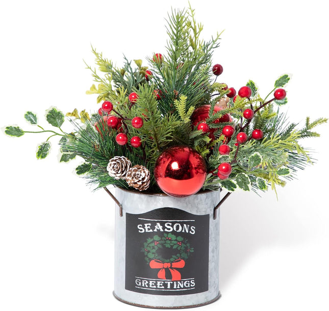 Artificial Christmas Tabletop Decorations - 14.2 Inch Small Christmas Centerpiece Potted Tree Artificial Plants with Sturdy Stand and Pine Cones and Red Berries Decoraction