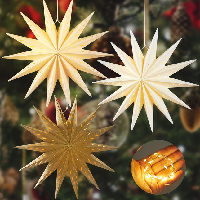PAPER JAZZ 3 Pcs Christmas 3D Paper Star Lantern 9 Pointed Brown Hanging 12 Inch Beige Star Paper Lantern with String Light White Hollow Star Paper Lamp for Xmas Wedding Birthday Party Decorations