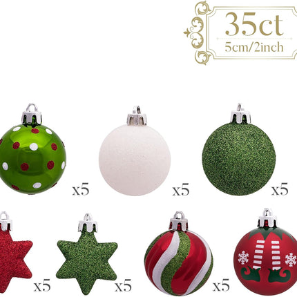 Valery Madelyn Christmas Ball Ornaments, 35ct Elf Red Green White Shatterproof Christmas Tree Decorations Set, 1.97 Inch Whimsical Decorative Hanging Ornament Bulk for Xmas Holiday Party Decor