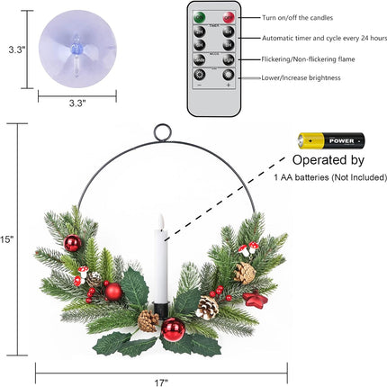 Wondise Flameless Candles with Remote and Timer Wreaths, Real Wax Battery Operated Wreaths with LED Flickering 3D Flame, Christmas for Front Door Window Holiday Christmas Decor