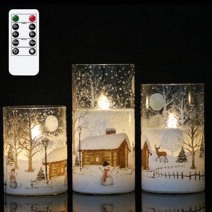 DRomance Snowman Glass Flameless Candles Battery Operated with Remote and Timer Real Wax LED Flickering Pillar Candles White Cold Light Window Christmas Holiday Decor D3 x 4",5",6"