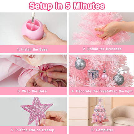 Pink Small Christmas Tree - 2 FT Mini Christmas Tree with LED Lights Tree Topper Pink Small Ornaments - Table Top Little Artificial Christmas Tree 24" Tiny Xmas Tree Christmas Decorations Indoor