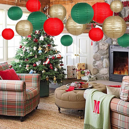 Paper Lanterns Decorative, Round Hanging Paper Lanterns Decorations for Christmas Graduation Anniversary Birthday Party Supplies Green/Red/Gold 15pcs