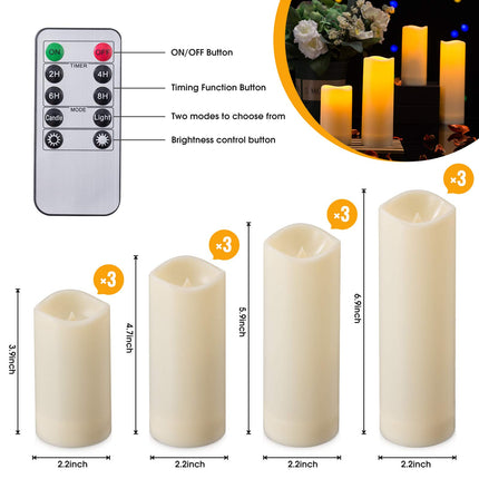 Waterproof Flickering Flameless Candles, Set of 12 Battery Operated Candles (D2.2'' x H4''5''6''7"), Outdoor Indoor Candles with 10-Key Timer Remote, Long Lasting