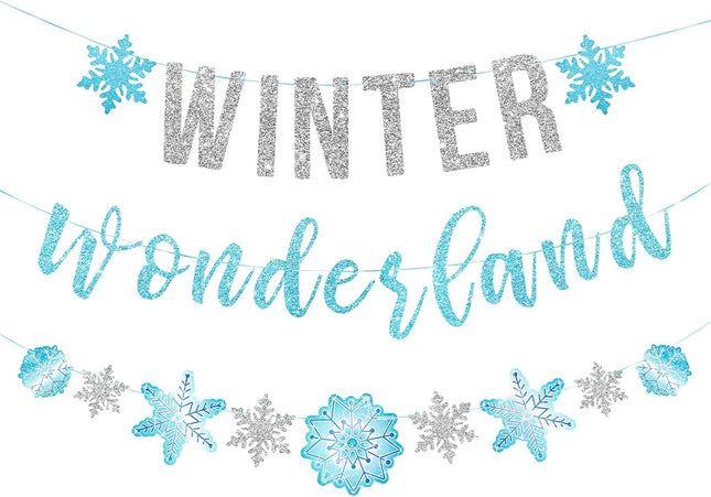 SUNBEAUTY Winter Wonderland Decorations Snowflake Garland Banner Winter Wonderland Snowflake Decorations for Happy Holidays Christmas Wedding Winter Wonderland 1st Birthday Party
