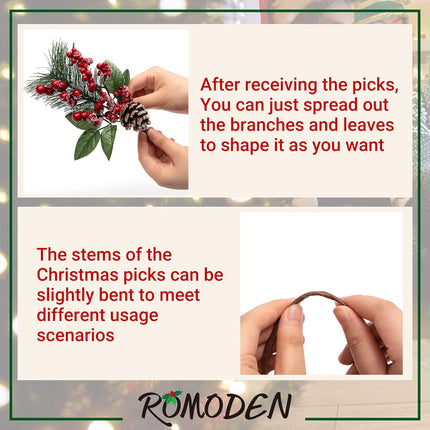 Artificial Christmas Picks, 12 PCS 12" Pine Branches Red Berry Twig Stems Pinecones Holly Snow Flocked Spray Flowers for Christmas Tree Wreath Floral Arrangement Winter Holiday Season Décor