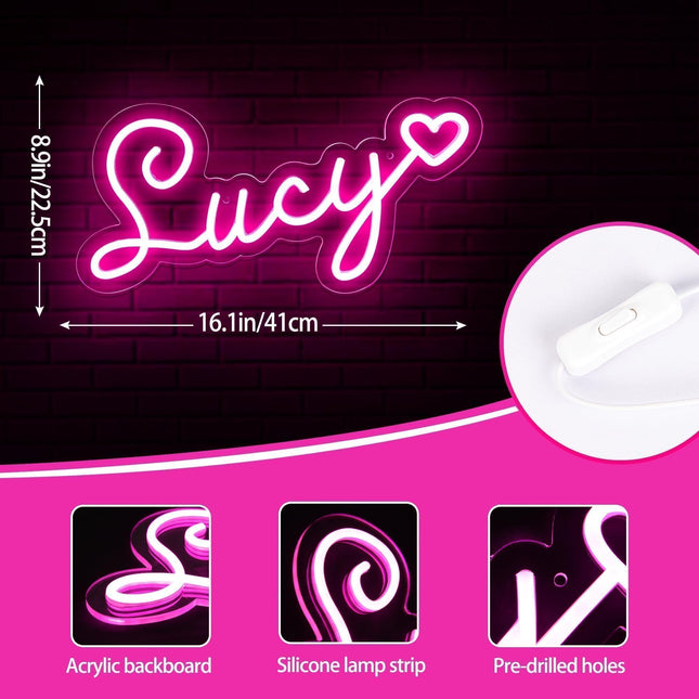 Large Lucy Name Neon Sign for Wall Decor,LED Name Lucy Neon Light for Kids Bedroom,Birthday Party Decoration,Neon Sign Customizable for Girl,Birthday Lucy Name Deocr,Size 16.1 8.9 Inches(JTD050)