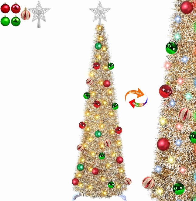 5 Ft Lighted Tinsel Pop Up Christmas Tree 50 Warm White & Multicolor Changing Lights Timer 8 Mode Ball Ornaments Battery Operated Pencil Artificial Slim Tree Xmas Decoration Home Party Indoor Outdoor