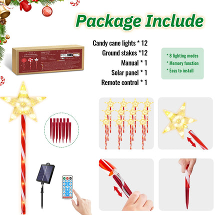 Christmas Candy Cane Lights, Solar Christmas Landscape Lights with Timer Remote, Waterproof Outdoor Pathway Lights Christmas Decorative Lights for Christmas Decor Garden Yard Walkway Markers, 12 Pack
