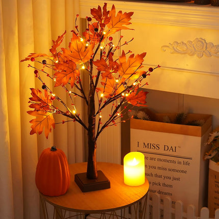 24 Inch 24 LED Artificial Fall Lighted Maple Tree Lighted Fall Tree with Timer Battery/USB Operated, Fall Decor for Autumn Thanksgiving Harvest Fall Home Indoor