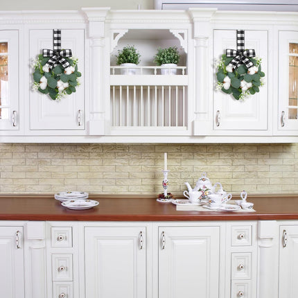 Dingion 2 Pcs 10" Christmas Kitchen Cabinet Wreaths Mini Cotton Eucalyptus Wreath for Front Door Small Farmhouse Winter Wreath with Buffalo Plaid Ribbon for Door Porch Wall Window Chair Decor