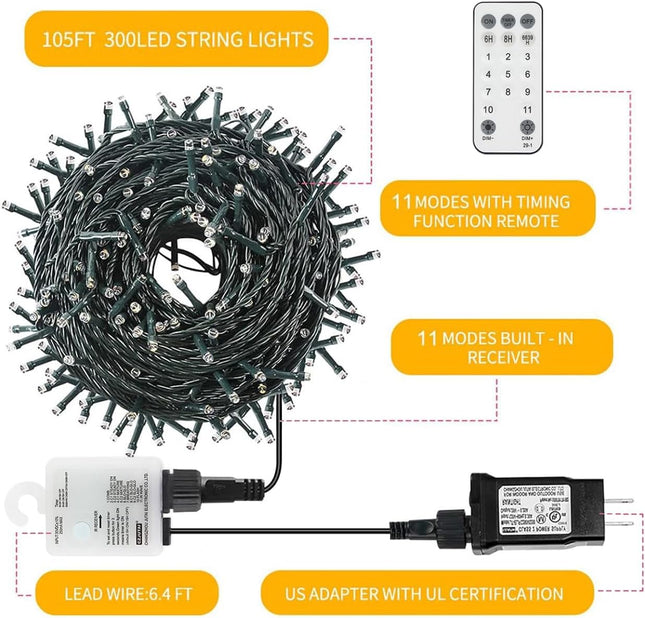 Christmas Lights, 300 LEDs 105FT Color Changing Christmas Tree Lights with 11 Modes Outdoor String Lights for Christmas Party Wedding Decor