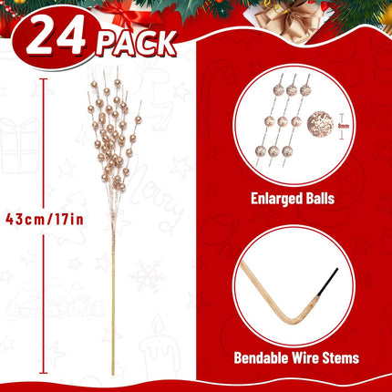 24-Pack Champagne Christmas Tree Ornaments, Christmas Tree Picks, Artificial Glitter Branches 17 Inch Christmas Berry Branches for Christmas Tree, Vase, Holiday, Wedding, Party Decor