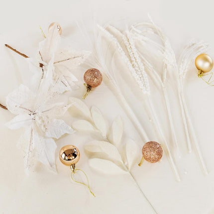 PARTY JOY 54 Pcs White Glitter Artificial Cedar Sprigs Picks Faux Cedar Branches Stems Christmas Tree Picks Sprays for Gold Christmas Tree Wreath Wedding Bouquet Winter Seasonal Holiday Decoration