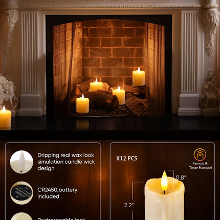 Homemory Rechargeable Flameless Candles with Timer Remote, 2" x 2" Realistic Battery Operated LED Votive Tea Lights, 12Pack Electric Fake Candle in Warm White (USB Charging Cable Included)