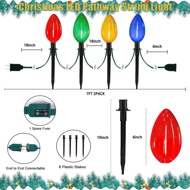 Jumbo C9 Christmas Pathway Lights Outdoor - 2 Pack Total 14 FT 8 LED C9 Giant Clear Multicolor Christmas Walkway Lights for Lawn Holiday Yard Garden Driveway Xmas Decorations